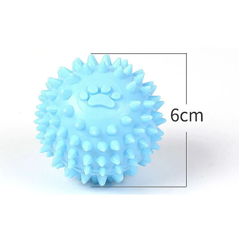 Blue TPR rubber dog chewing toy with textured surface for dental hygiene, 6cm diameter footprint ball