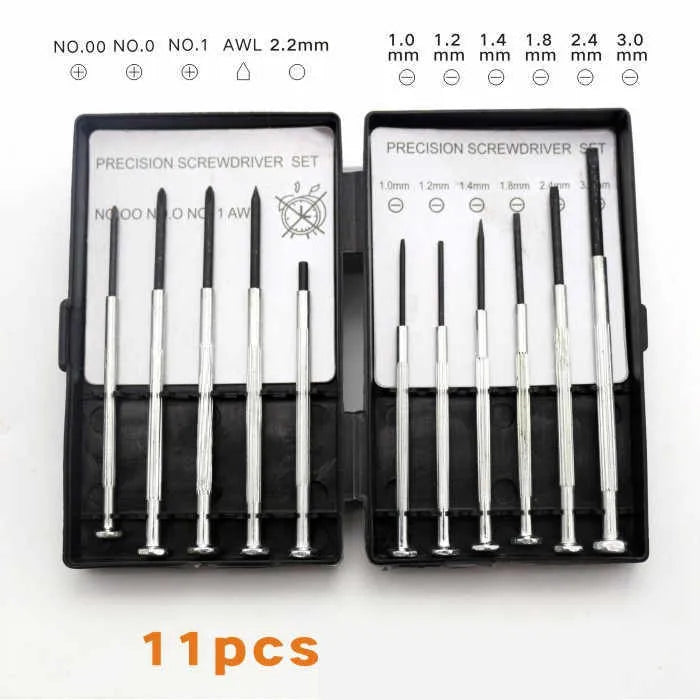 TH-6177 11 piece clock screwdriver set with cross and slotted bits on a grey background