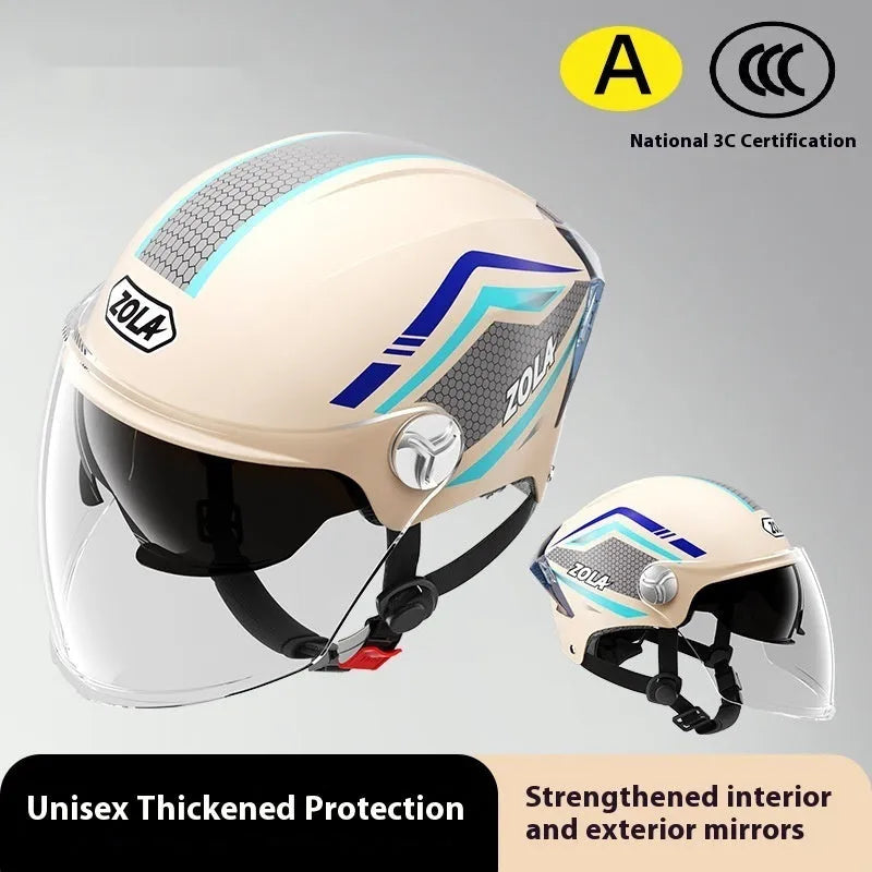 3C certified ABS half motorcycle helmet with double mirror visor in various colours for men women and children