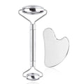Stainless steel double-headed facial roller and heart-shaped eye massage stick with scraping plate.