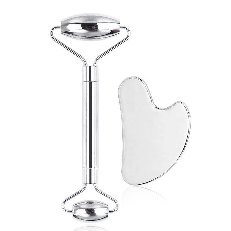 Stainless steel double-headed facial roller and heart-shaped eye massage stick with scraping plate.