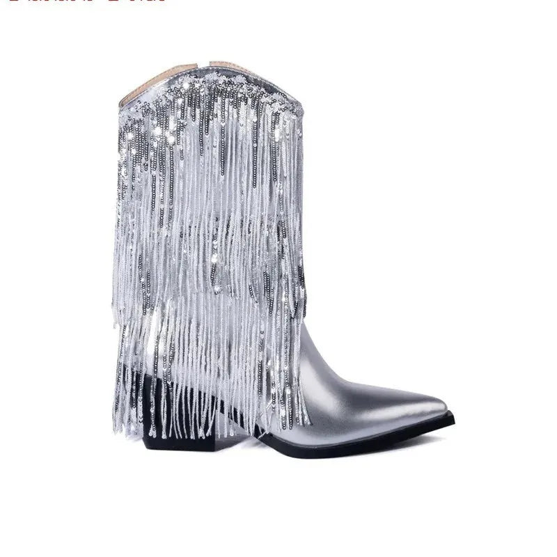 Women's black chunky heel tassel boots with a high stiletto heel and pointed toe.