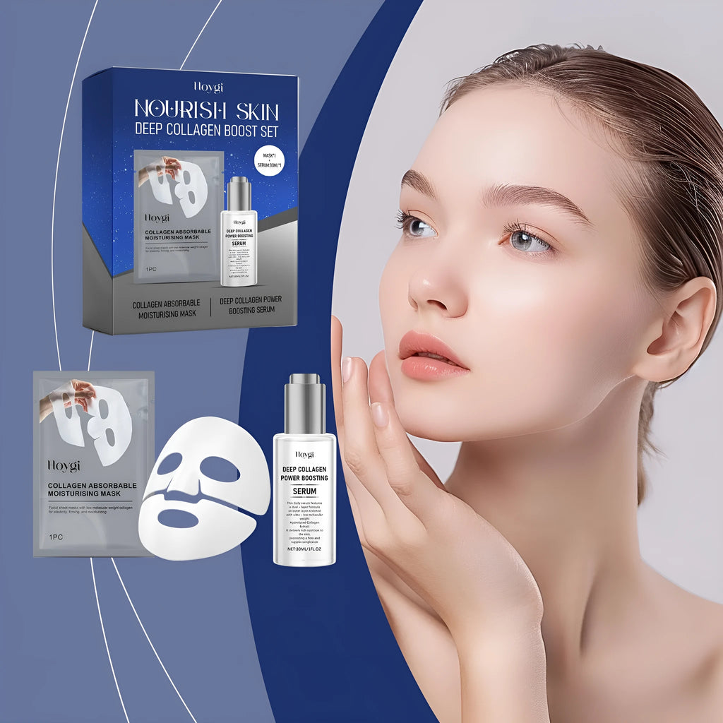Collagen moisturising suit showing facial mask and 30ml essence bottle for skincare hydration