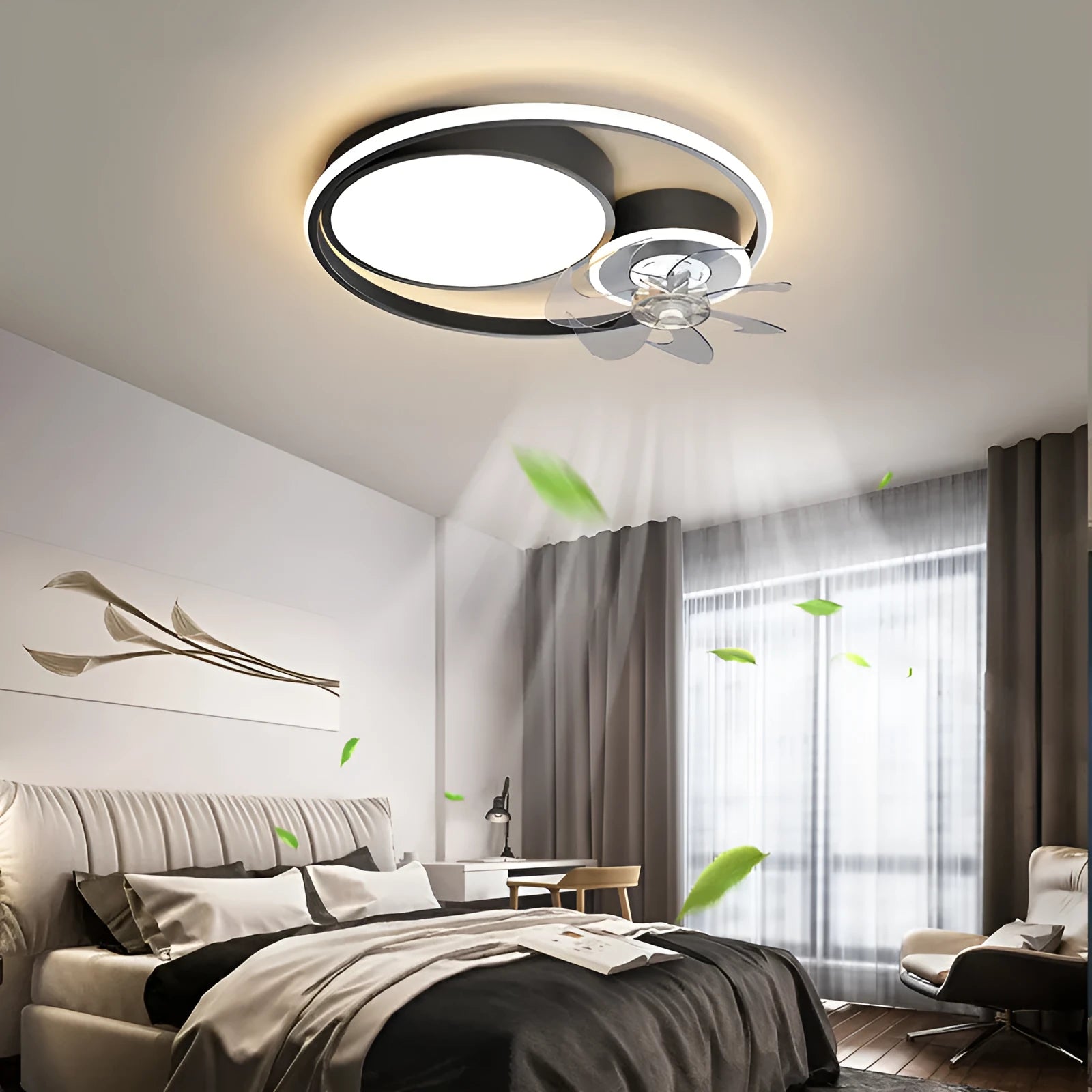 Nordic style overhead fan lamp with metal blades and acrylic shade in black or gold finish for bedroom use