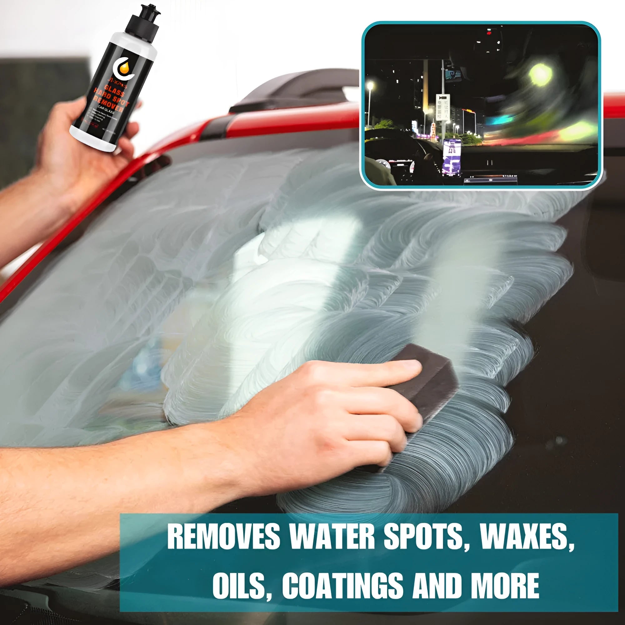 Tube of glass oil film remover cleaning cream in 100ml size, shown with paste applied to a car windscreen.