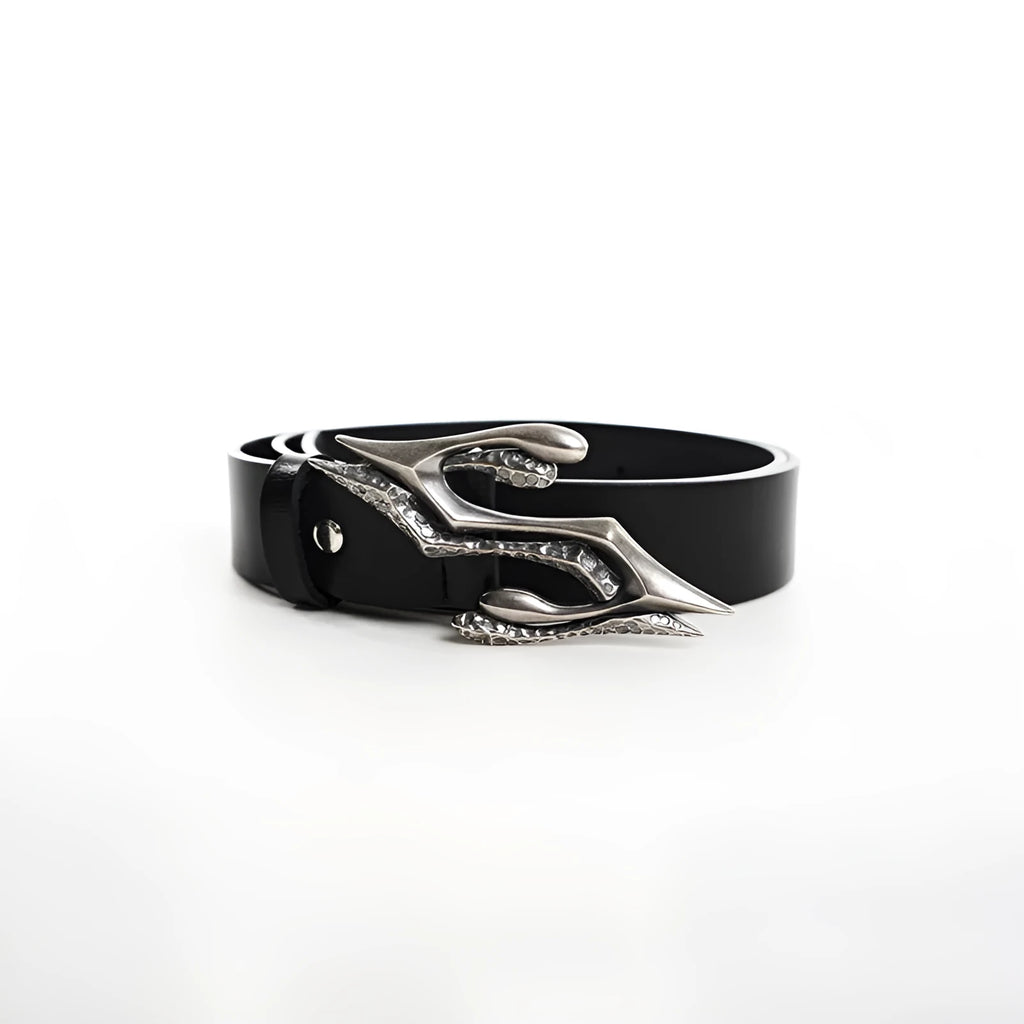 Black men's leather belt with a metal letter detail, shown at its 110cm length.