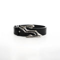 Black men's leather belt with a metal letter detail, shown at its 110cm length.