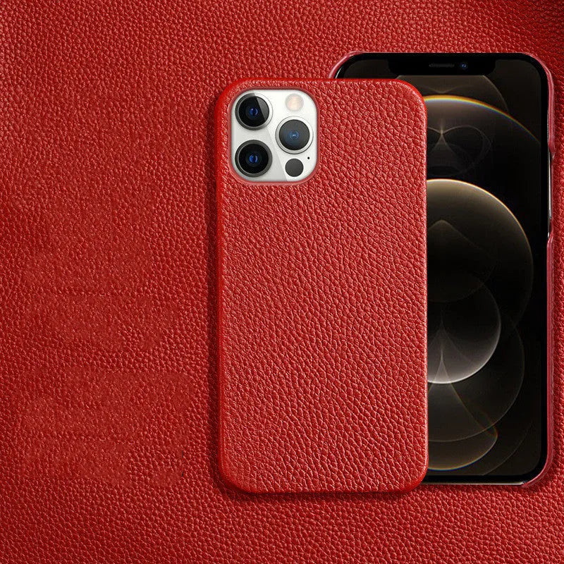 Brown genuine leather iPhone case with half-split design on iPhone 14 Pro