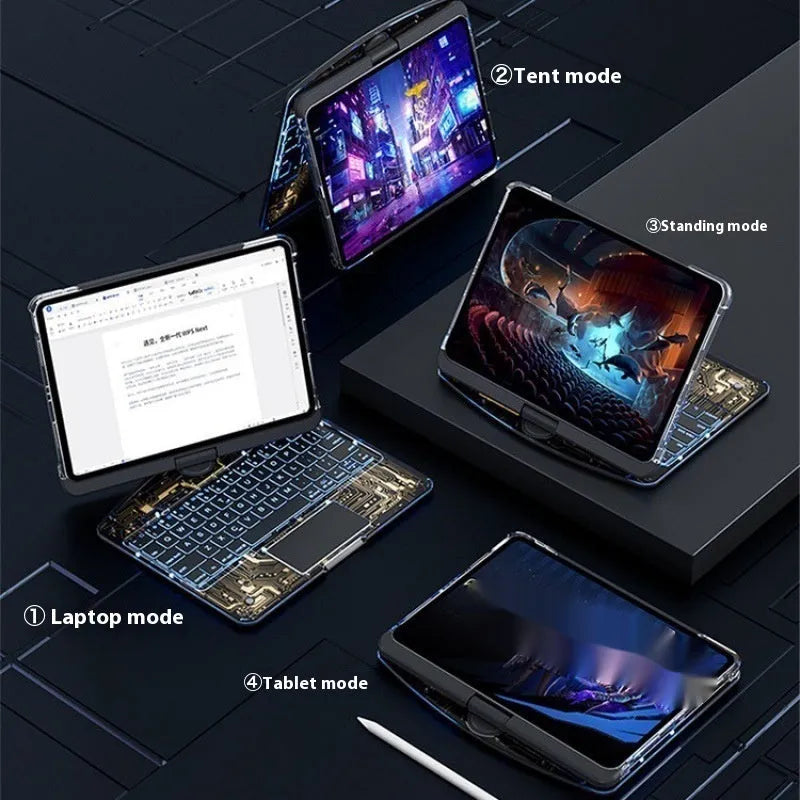 Transparent rotating keyboard case for iPad with wireless Bluetooth keyboard and protective sleeve