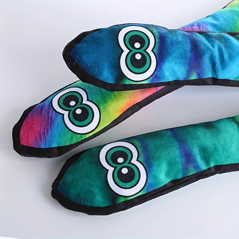 Snake-shaped striped plush dog squeak toy in multicolour, blue, green, and rainbow options.