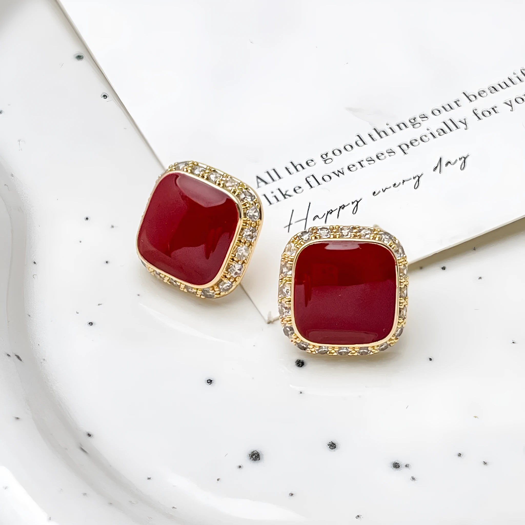 Red geometric square earrings with alloy construction and inlaid design detail