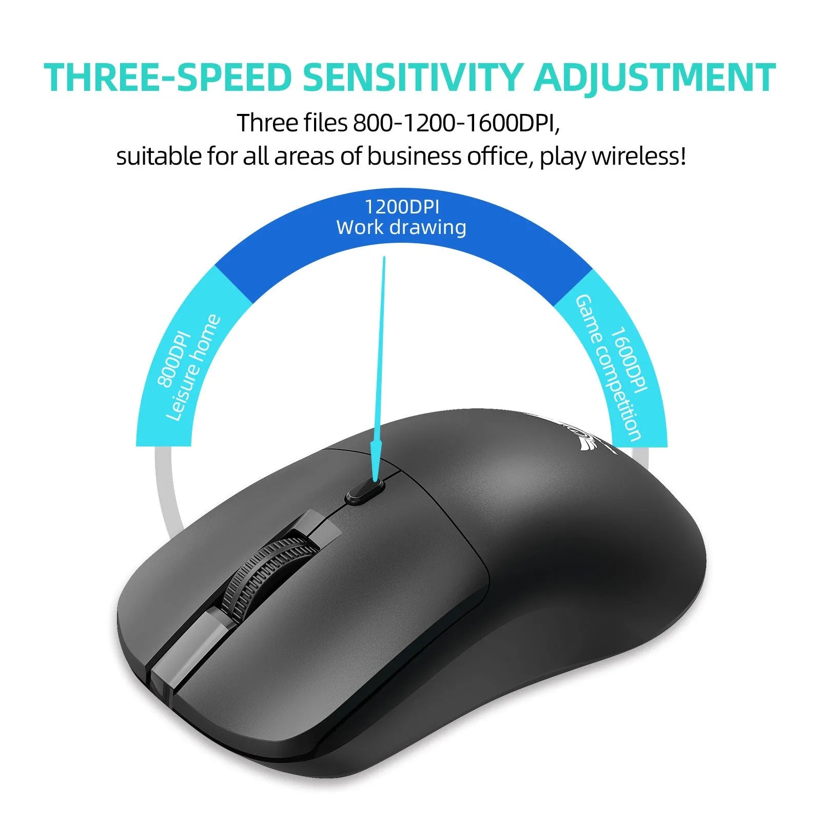 Black wireless mouse with three-gear audio buttons and photoelectric sensor for laptop use