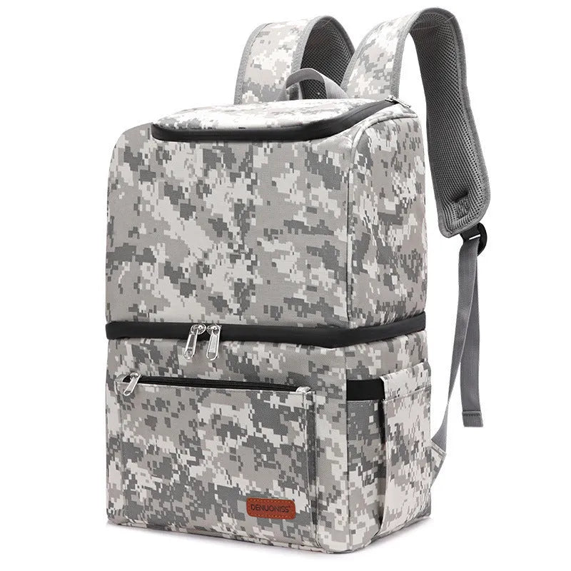 Insulated picnic backpack in blue with double-layer construction and ice pack compartment