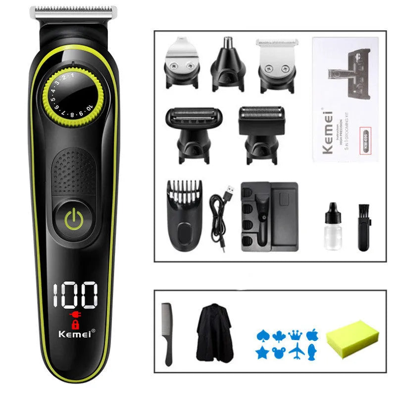 Black KM-696 USB rechargeable electric hair clipper set with stainless steel blades and cleaning brush.