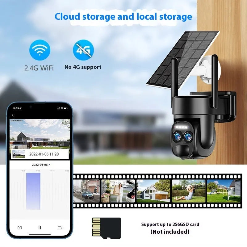 Solar powered outdoor security camera with 8x zoom lens and weather-resistant housing for continuous surveillance