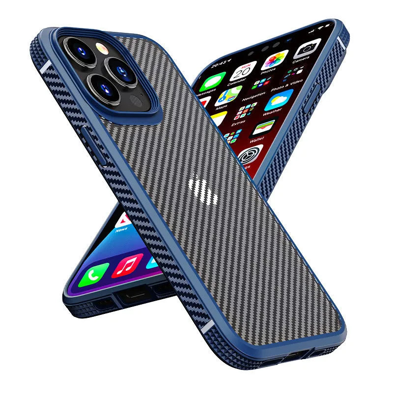 Black or blue iPhone 13 series phone case with a carbon fibre pattern on the back.