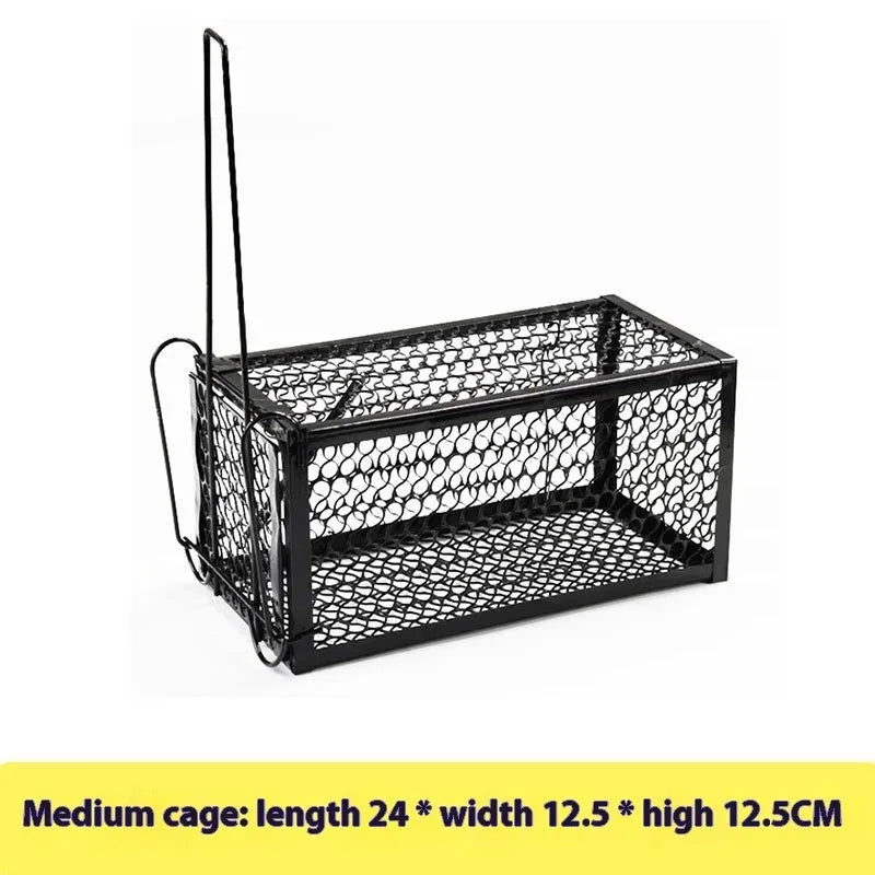 Automatic mouse trap cage in metal and plastic construction for indoor rodent control