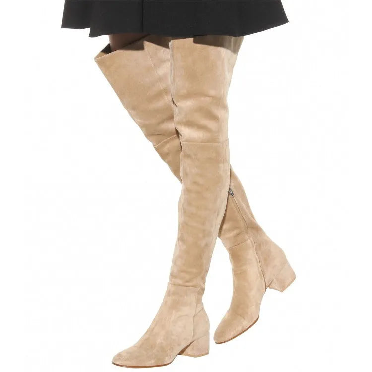 Grey women's flat over-the-knee suede boots with a pointed toe and low thick heel.