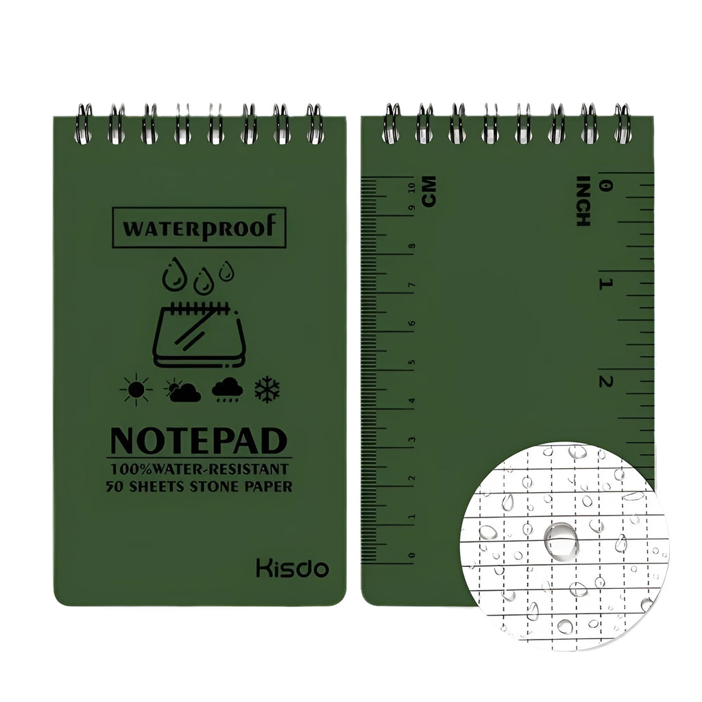 Spiral-bound waterproof office notepad with PP cover, open to show stone paper pages.