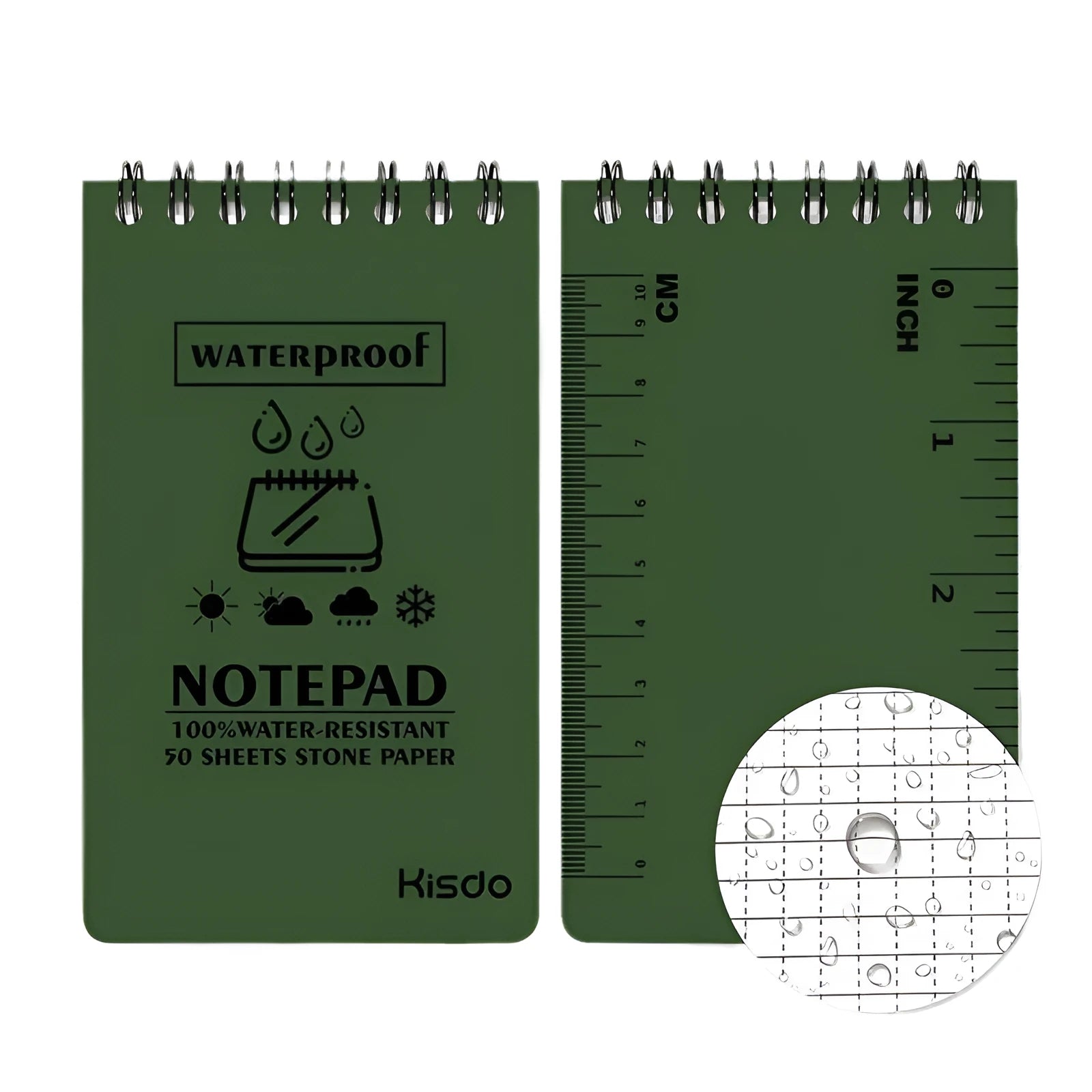 Spiral-bound waterproof office notepad with PP cover, open to show stone paper pages.