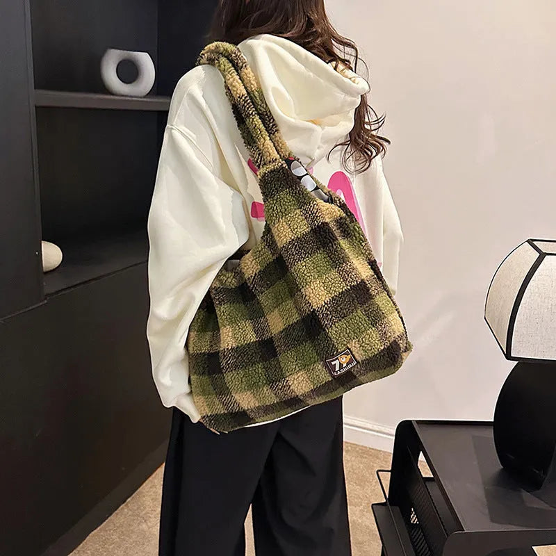 Women's army green plush plaid crossbody tote bag with sandwich pocket and large capacity