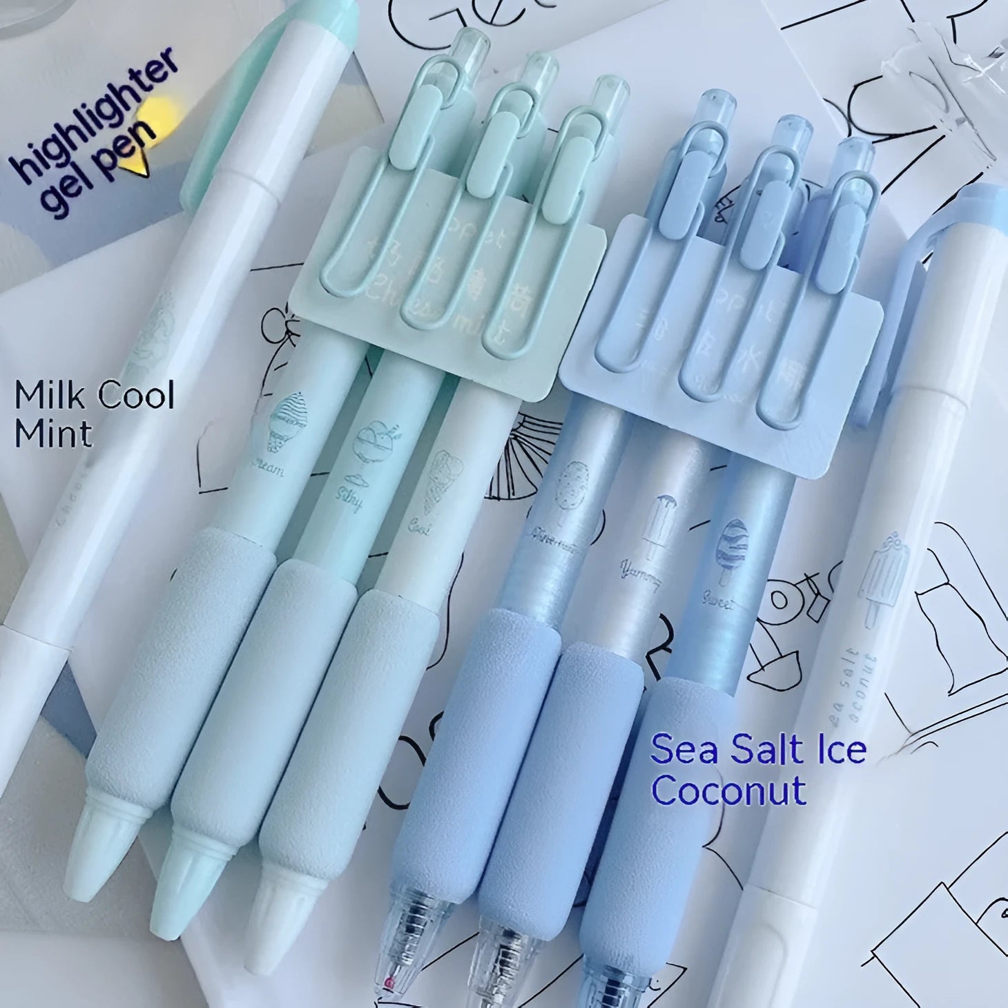 Double-headed fluorescent pen with 0.5mm tip for calligraphy practice in cheese mint and sea salt ice cup colours
