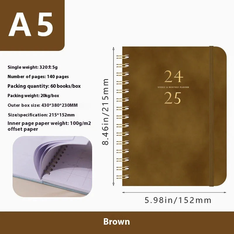 A5 size PU leather notebook with metal coil binding in a choice of colours including black, blue, brown, and pink.