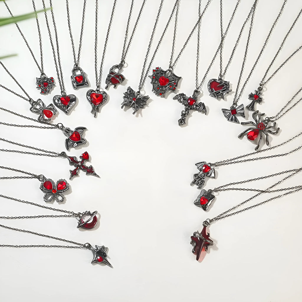 Dark style zinc alloy Halloween necklace with a spider or bat pendant on a regular chain.