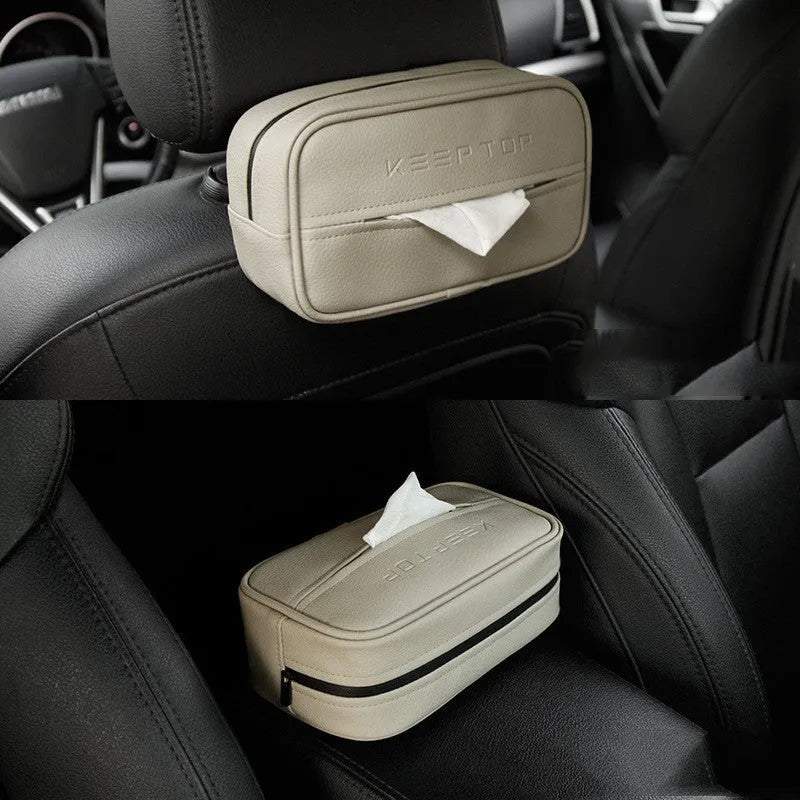 Black PU leather hanging storage box with carrying handle for car and home organisation