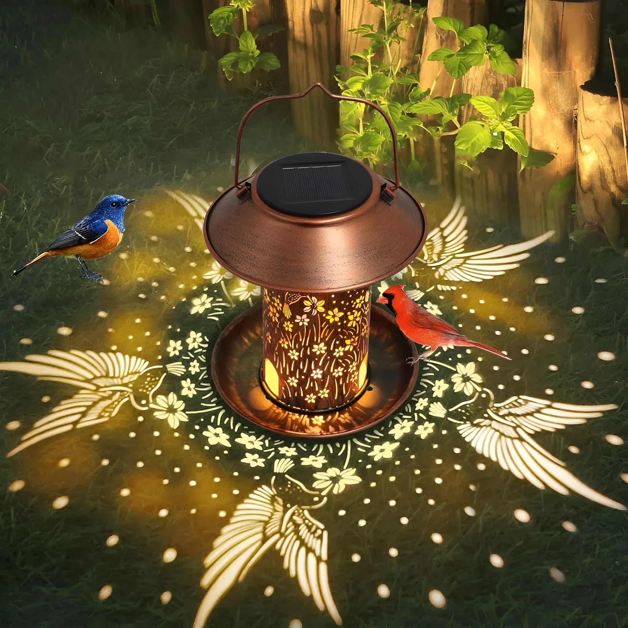 Solar-powered iron art bird feeder lamp in hummingbird pattern with waterproof outdoor construction