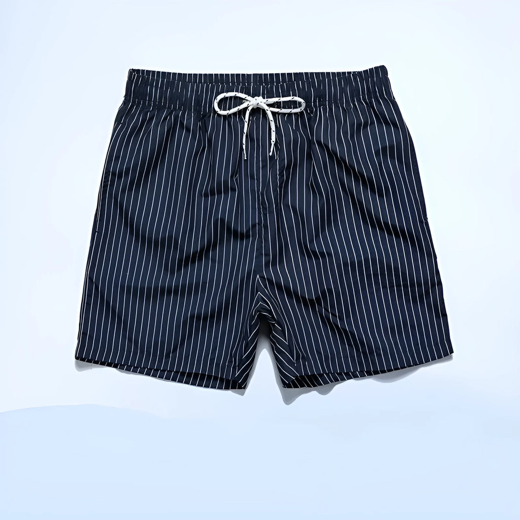 A pair of grey striped casual shorts with a straight leg opening, laid flat.