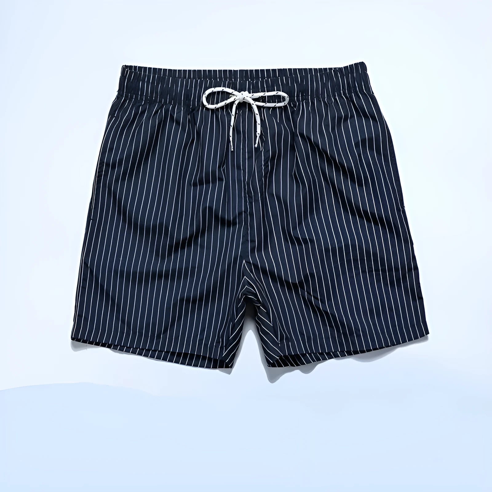 A pair of grey striped casual shorts with a straight leg opening, laid flat.