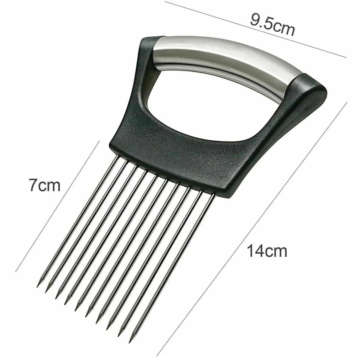 Stainless steel onion slicer tool with needles on a white ABS base.