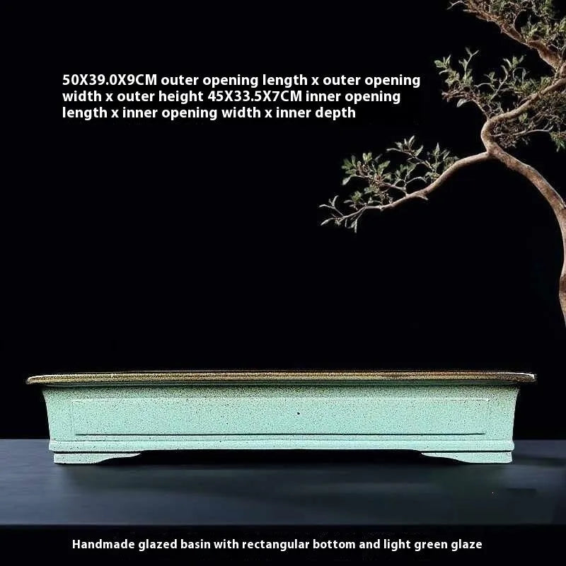 Handmade green ceramic bonsai pot with purple sand crackled glaze finish