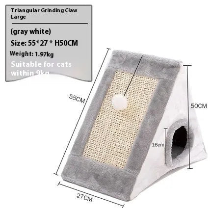 Grey and white triangle sisal scratching post for cats on a wooden floor.