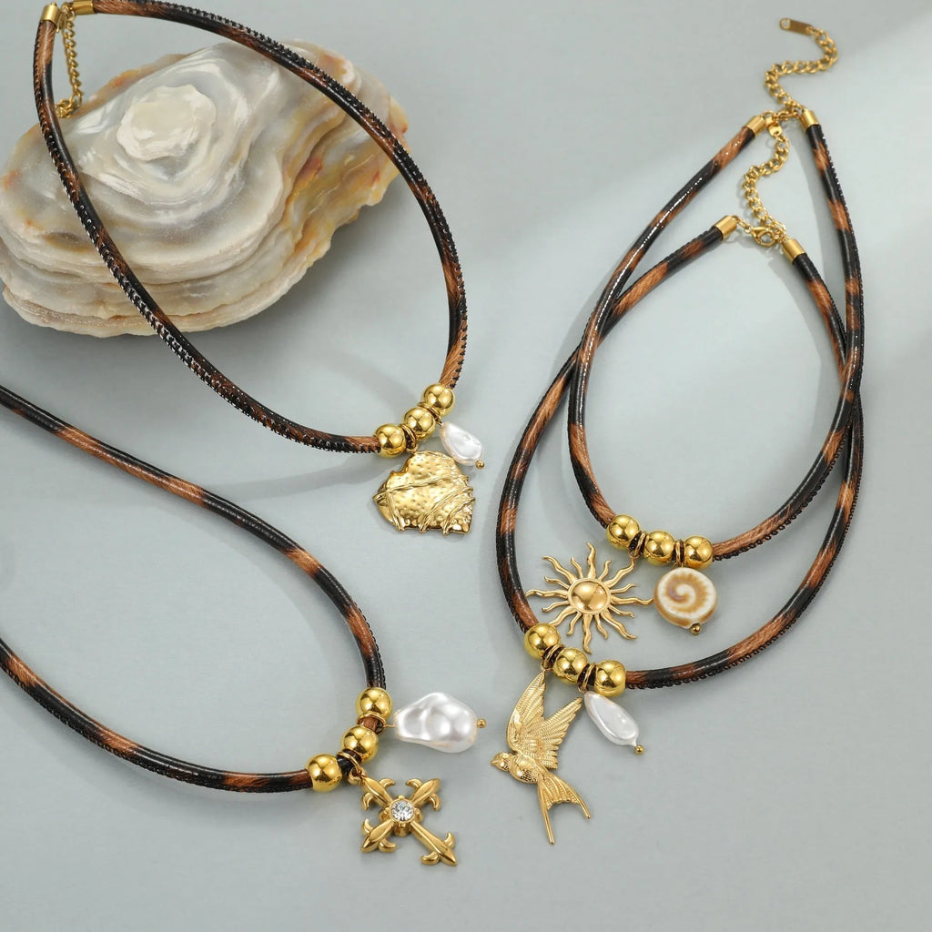 Geometric leopard design stainless steel necklace with 18K gold electroplated finish on adjustable 41-50cm chain