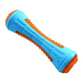 Set of three TPR dog toys: a floating ball, barbell and tyres with bumpy textures for squeaky fetch play.