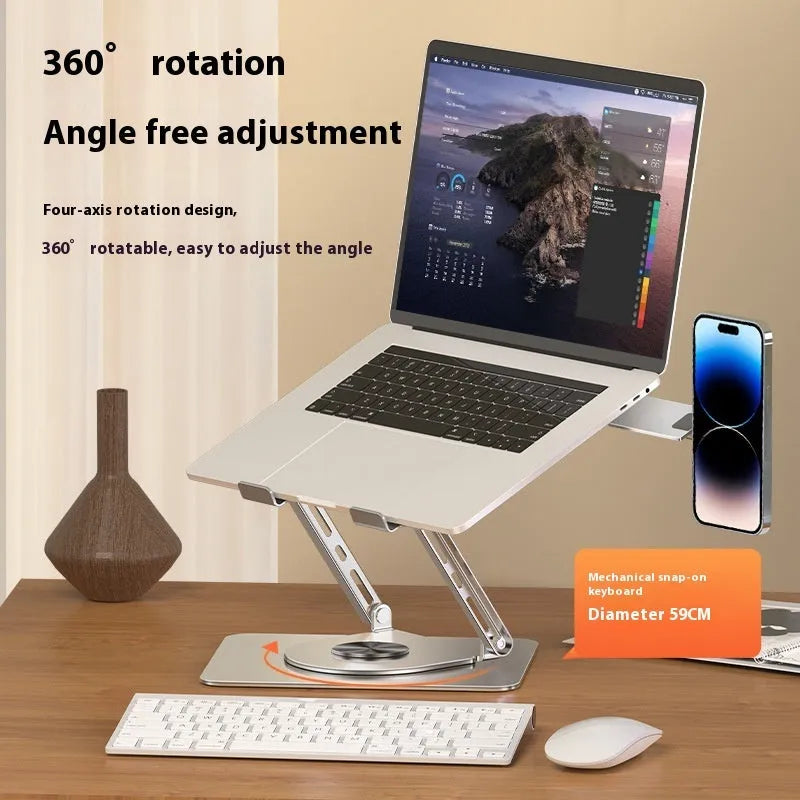 Silver carbon steel laptop stand with side-mounted magnetic phone holder rotated at 45-degree angle