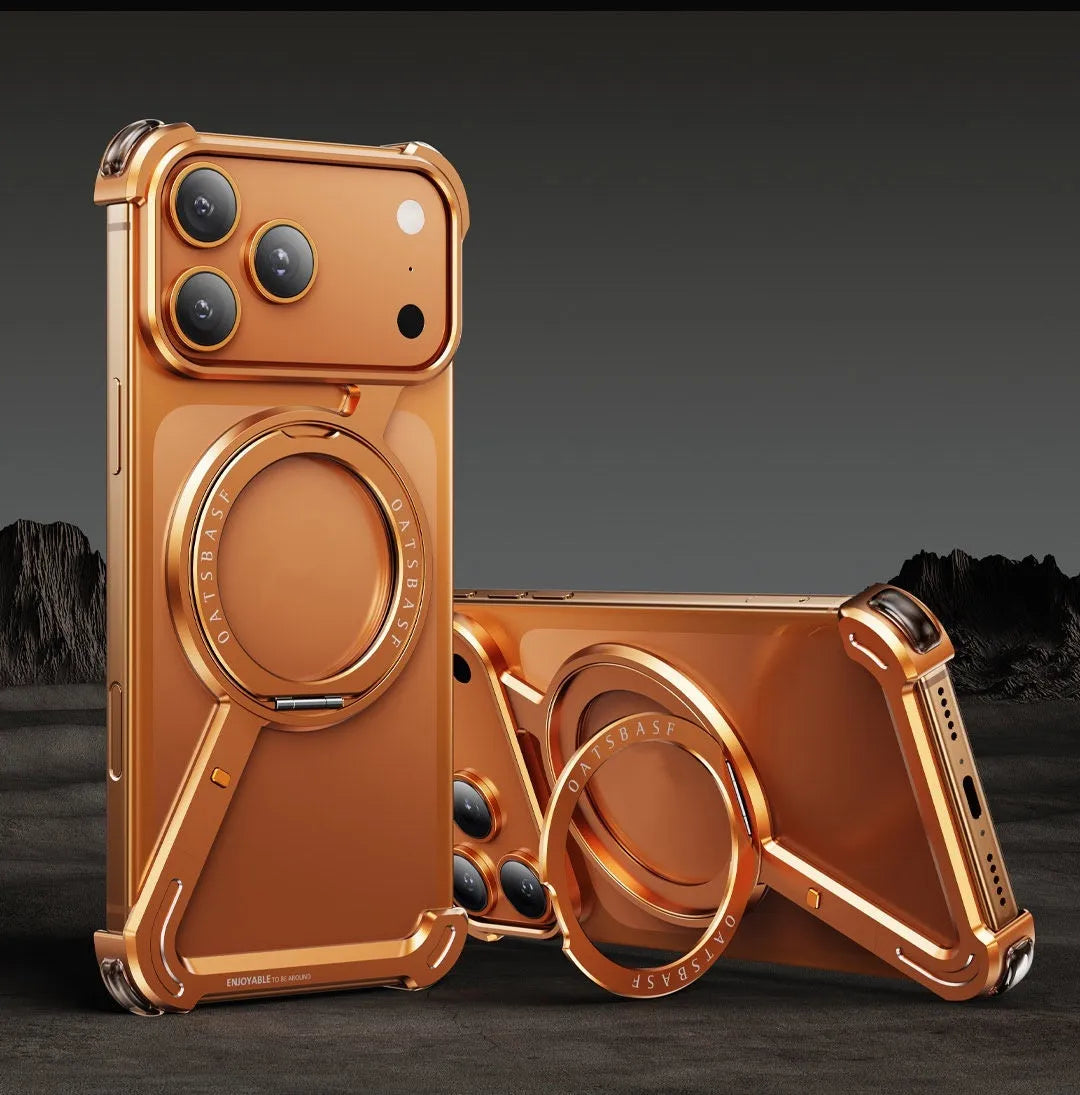 Black electroplated metal iPhone 17 Pro Max case with integrated invisible magnetic bracket