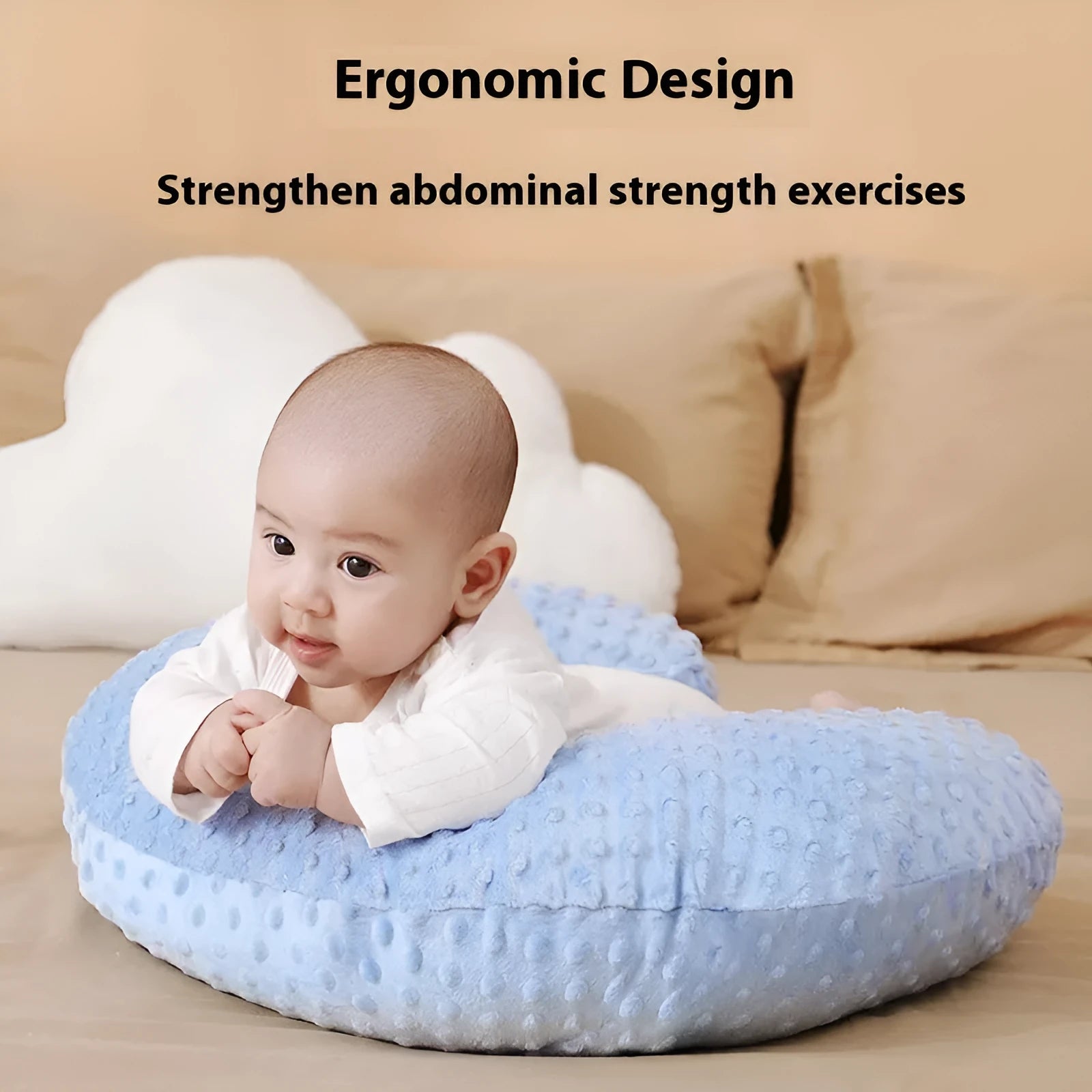 Multifunctional nursing pillow in pink, yellow, grey, or light blue colours for feeding support.