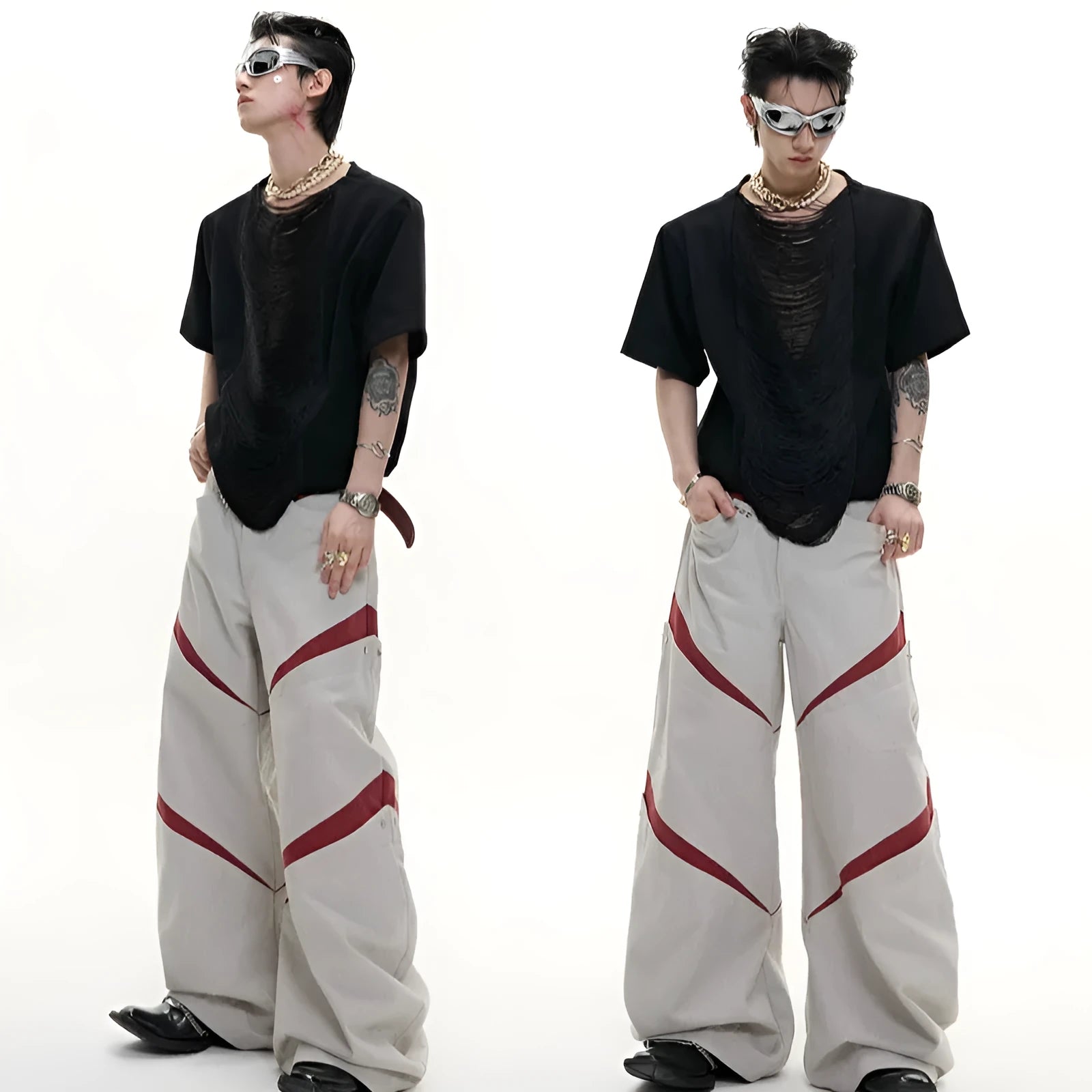 Men's drum black V-neck loose fit t-shirt with short sleeves and tassel detail