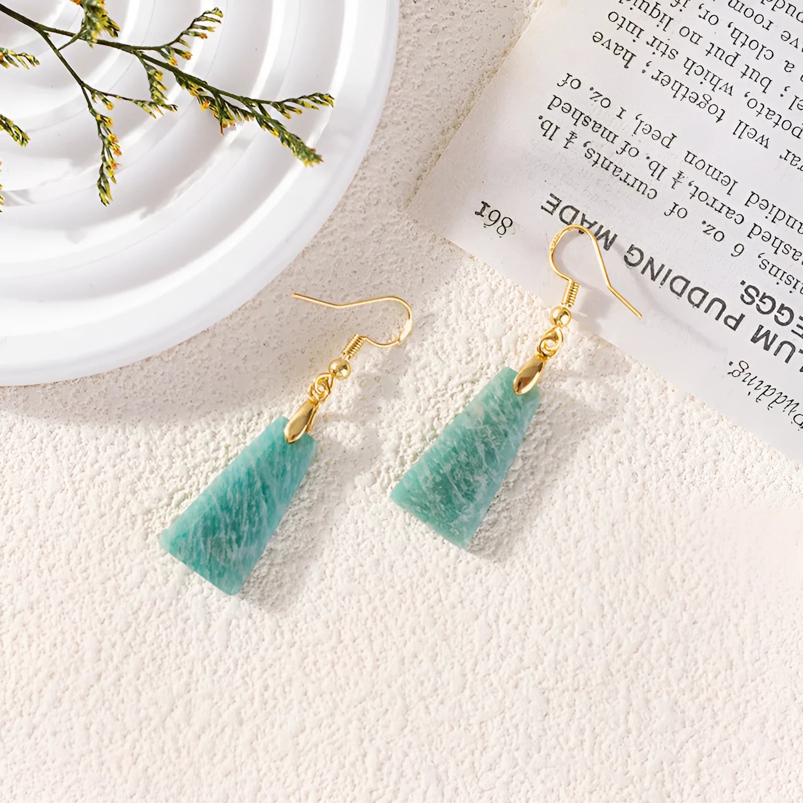 Amazonite geometric trapezoid earrings with octagon and quadrangle elements in gold or silver tone