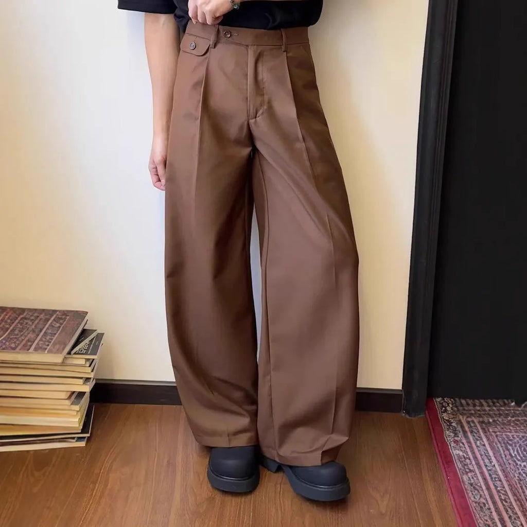 Men's straight leg trousers in black or brown with wide-leg casual styling