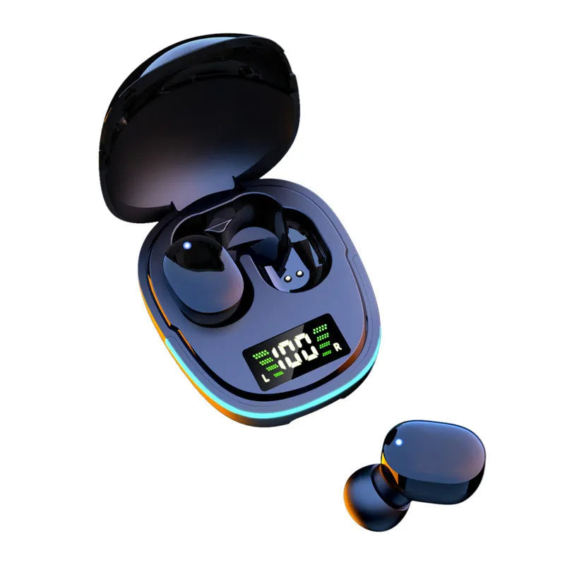 Black true wireless Bluetooth in-ear headphones with charging case and ear caps