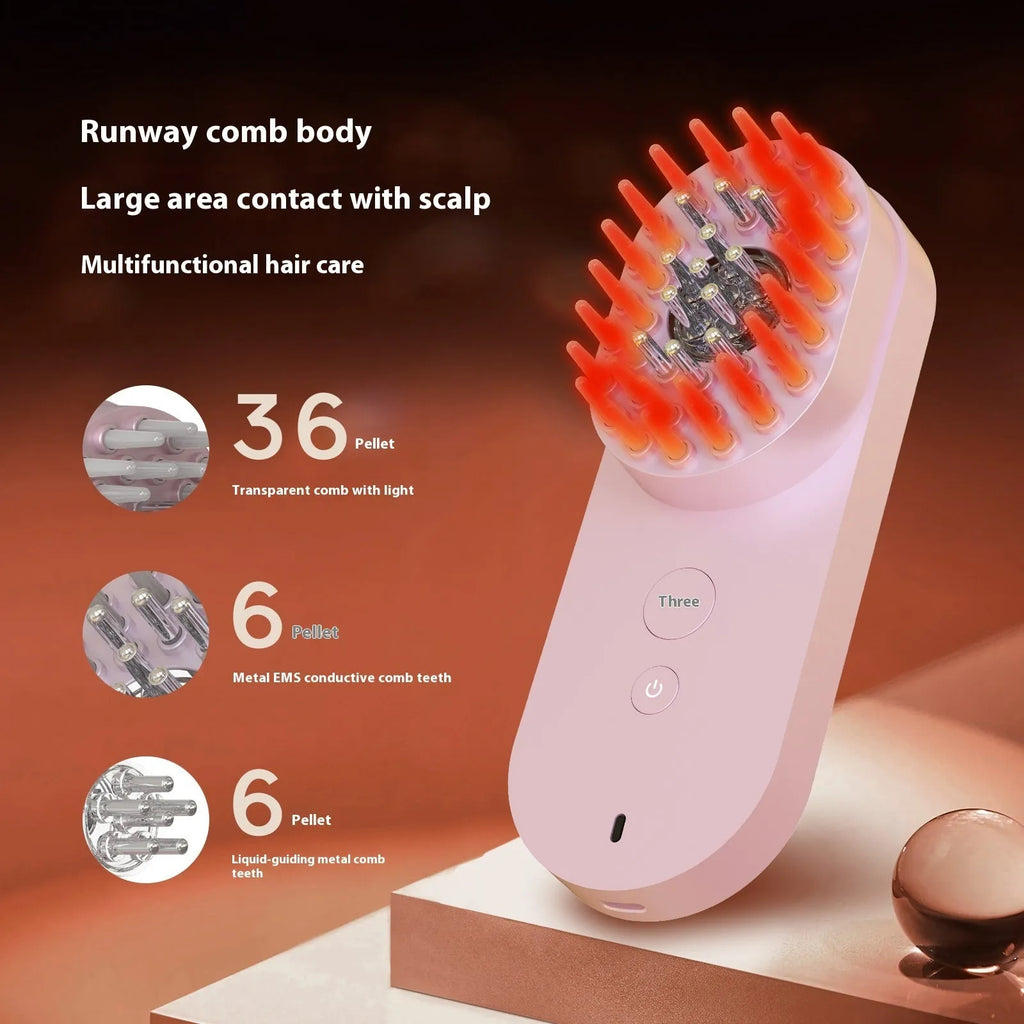 Smart massage comb with red light therapy function in pink and black colours