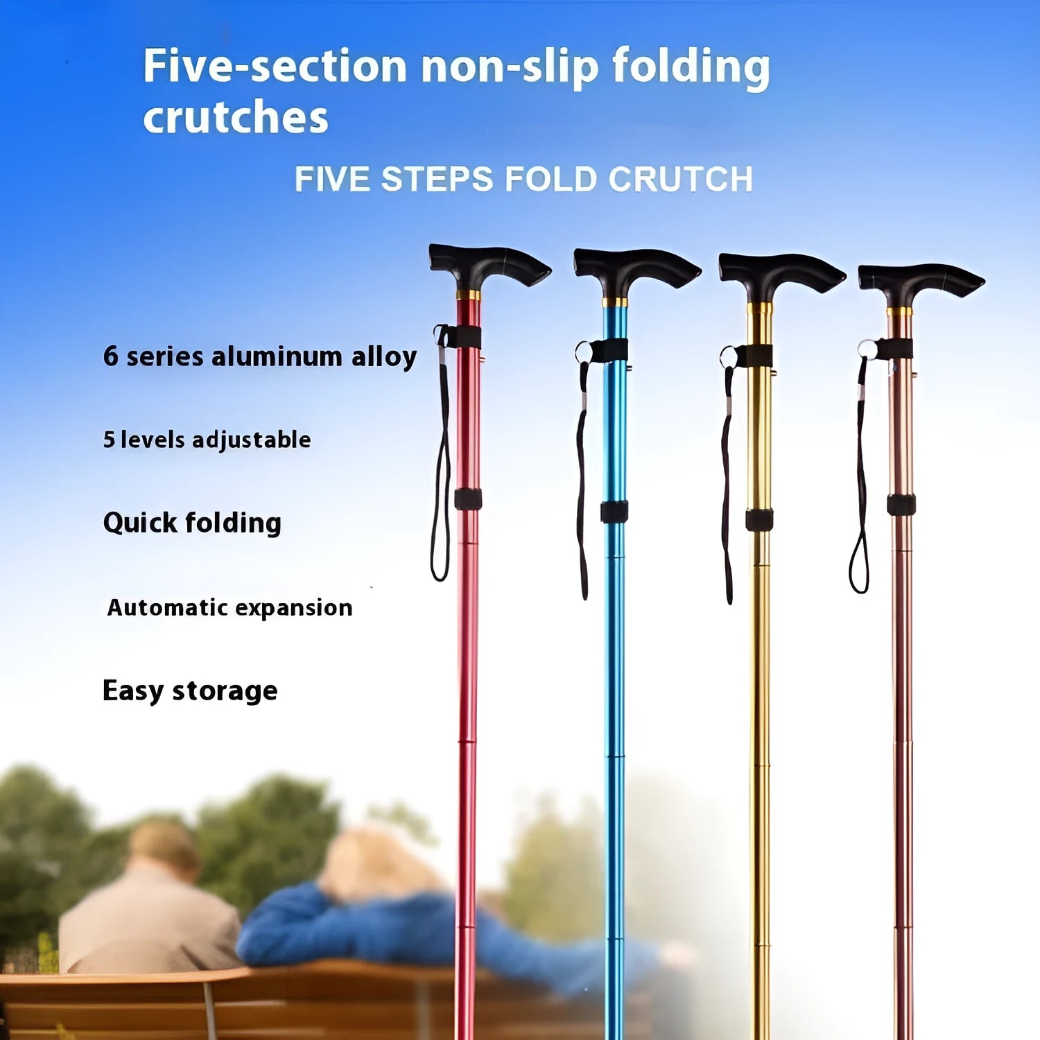 Aluminium folding walking stick with adjustable 85-95cm height in six colour options
