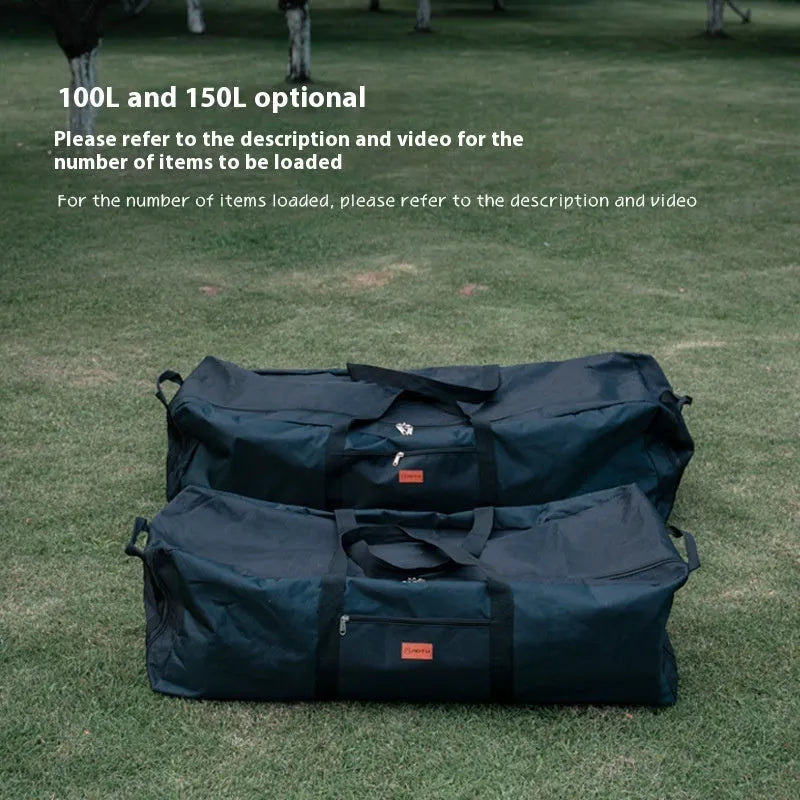 Waterproof camping equipment storage bag in 100L and 150L capacities with folding table and chair