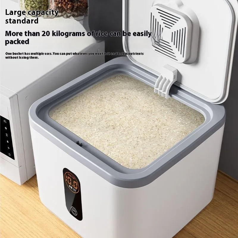 Grey plastic rice storage jar with sealed lid and measuring cup for kitchen grain storage