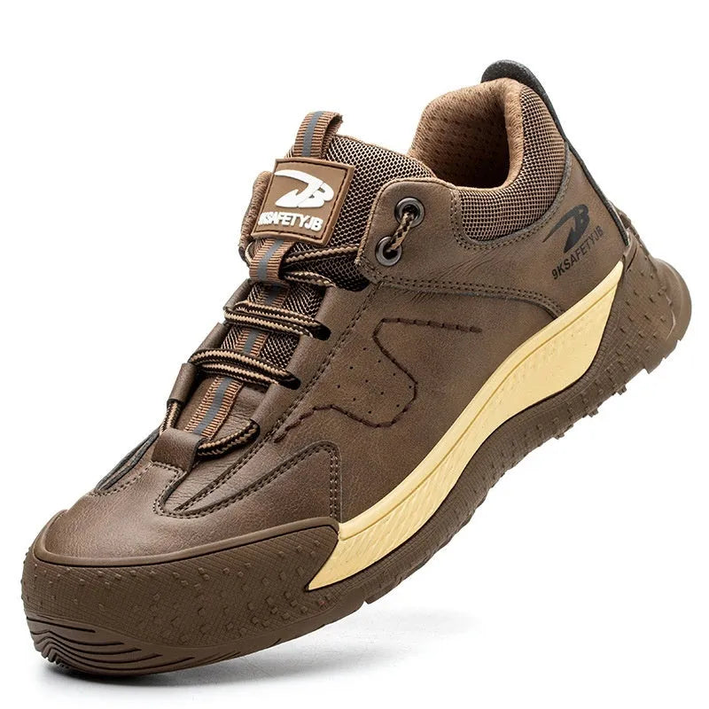 Flyknit leather safety work shoes with rubber sole in black, shown in a side profile.