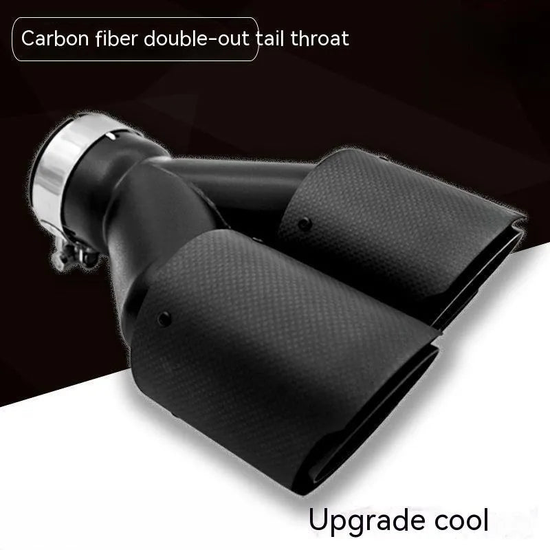 Black carbon fibre car exhaust pipe with double outlet silencer measuring 250mm